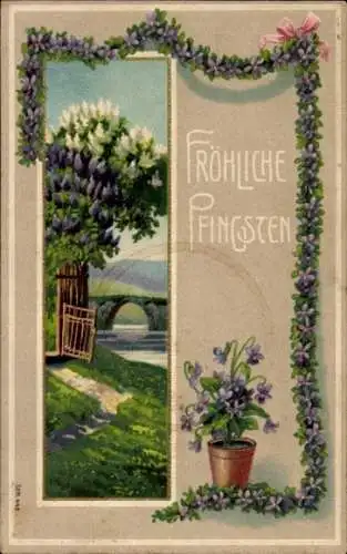 Litho Glückwunsch Namenstag, Fliederbüsche, Veilchen