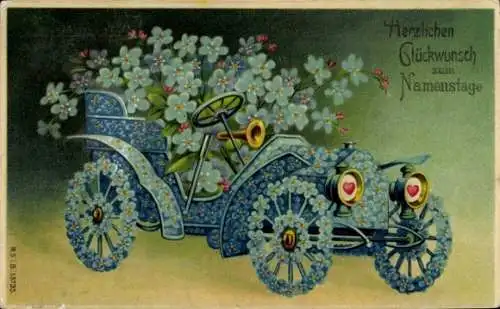 Präge Ak Glückwunsch Geburtstag, Auto aus Blumen, Kitsch