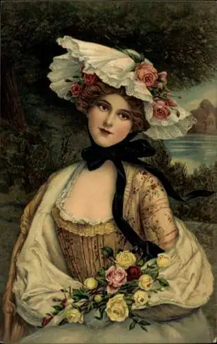 Ak Portrait einer jungen Frau mit Blumenstrauß, Rosen, Hut, Schwarze Schleife