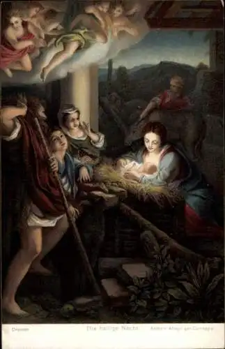 Künstler Ak Correggio, Frohe Weihnachten, Die heilige Nacht, Krippenszene, Engel