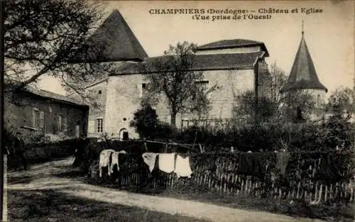 Ak Champniers Dordogne, Schloss, Kirche, vue prise de l'Ouest