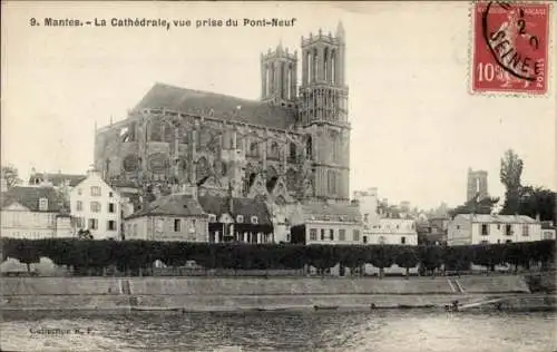 Ak Mantes la Jolie Yvelines, Kathedrale vom Pont Neuf aus gesehen