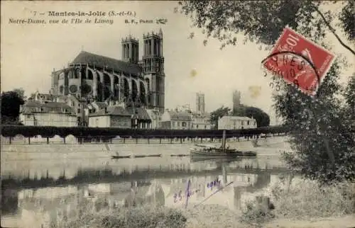 Ak Mantes la Jolie Yvelines, Notre Dame, Blick von der Ile de Limay