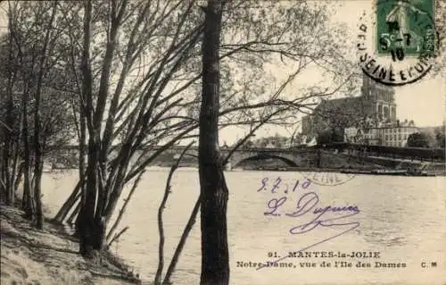 Ak Mantes la Jolie Yvelines, Notre Dame, Blick von der Ile des Dames