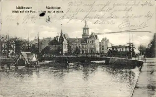 Ak Mulhouse Mülhausen Elsass Haut Rhin, Post, Brücke, Straßenbahn