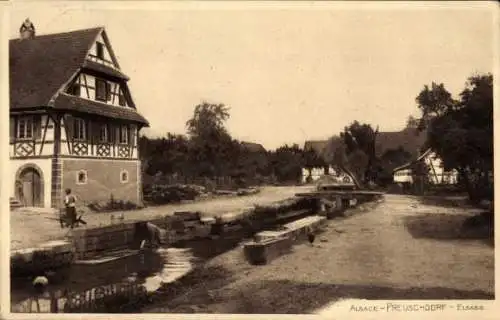 Ak Preuschdorf Elsass Bas Rhin, Wohnhaus, Fluss