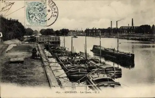 Ak Asnières sur Seine Hauts-de-Seine, Quai, Schiffe, Schornsteine