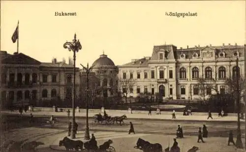 Ak București Bukarest Rumänien, Königspalast, Straßenansicht, Kutschen