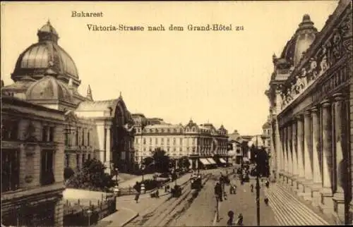 Ak București Bukarest Rumänien, Viktoria Straße nach dem Grand Hotel