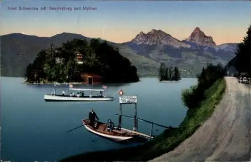 Ak Lauerz Kanton Schwyz, Insel Schwanau mit Gesselerburg und Mythen