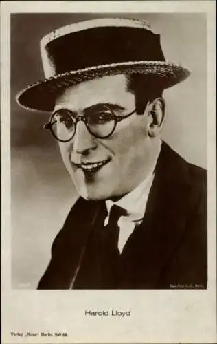 Ak Schauspieler Harold Lloyd, Portrait mit Hut, Brille