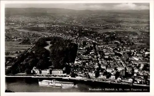 Ak Biebrich am Rhein Wiesbaden, Fliegeraufnahme, Schiff