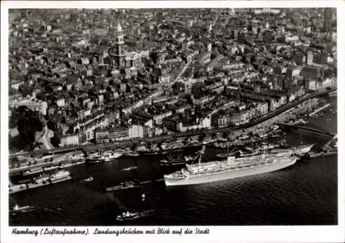 Ak Hamburg Mitte St. Pauli, Landungsbrücken, Fliegeraufnahme, Schiff