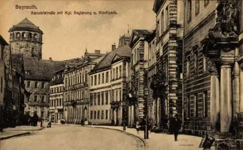 Ak Bayreuth in Oberfranken, Kanzleistraße mit Kgl. Regierung u. Stadtpark