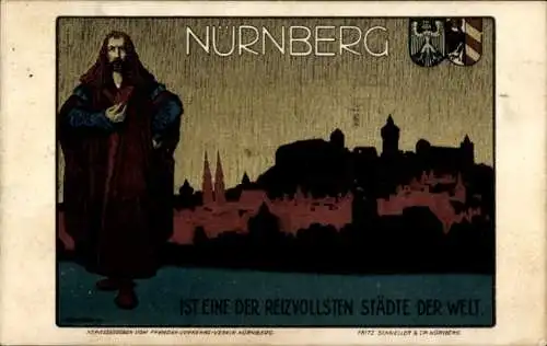 Künstler Ak Nürnberg in Mittelfranken, Silhouette der Stadt, Wappen, Albrecht Dürer