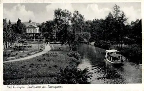 Ak Bad Kissingen Unterfranken Bayern, Saalepartie, Boot, am Rosengarten