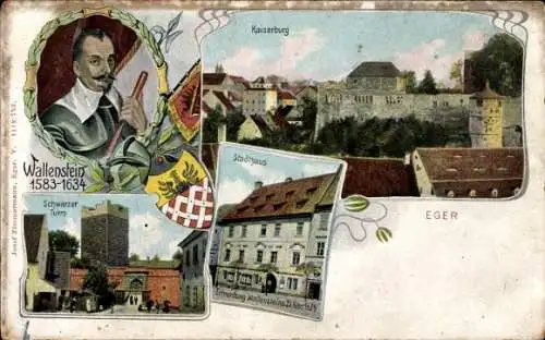 Litho Cheb Eger Region Karlsbad, Kaiserburg, Stadthaus, Schwarzer Turm, Wallenstein