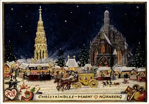 Künstler Ak Schiener, K., Nürnberg, Christkindles Markt, Weihnachtsmarktbuden, Postkutsche