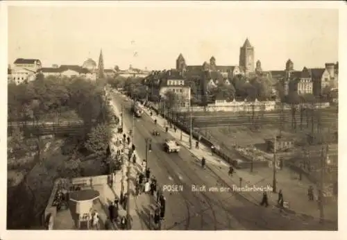 Ak Posen, Blick von der Theaterbrücke, Straßenbahn