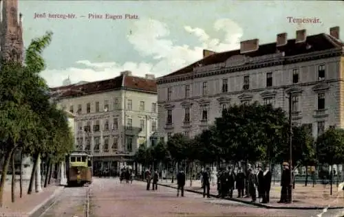 Ak Timișoara Temesvár Temeswar Rumänien, Prinz Eugen Platz, Straßenbahn