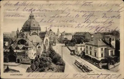 Judaika Ak Dortmund im Ruhrgebiet, Hansastraße mit Synagoge, Straßenbahn