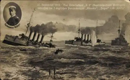 Ak Deutsches U Boot, SM U 9, Weddigen, HMS Aboukir, HMS Hogue, HMS Cressy, 22. September 1914