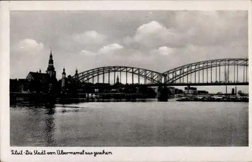 Ak Sowjetsk Tilsit Ostpreußen, Blick von Übermemel aus, Brücke, Kirche