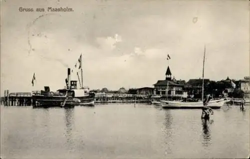 Ak Maasholm an der Schlei, Teilansicht Hafen, Schiffe