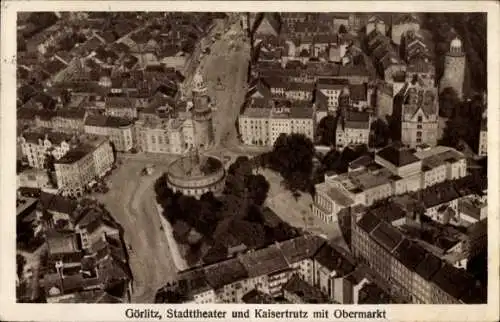 Ak Görlitz in der Lausitz, Stadttheater und Kaisertrutz mit Obermarkt, Fliegeraufnahme