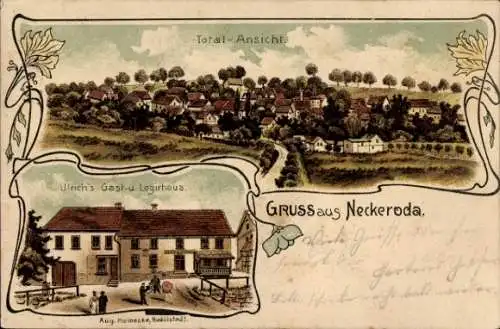 Litho Neckeroda Blankenhain in Thüringen, Totalansicht, Ulrich´s Gast- u. Logierhaus