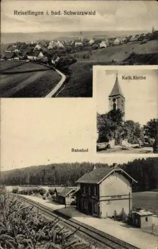 Ak Reiselfingen Schwarzwald, Panorama, Katholische Kirche, Bahnhof Gleisseite