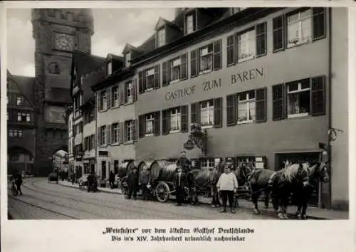 Ak Freiburg im Breisgau, Hotel-Restaurant Bären, Gasthof zum Bären, Weinfuhre, Fuhrwerke, Fässer