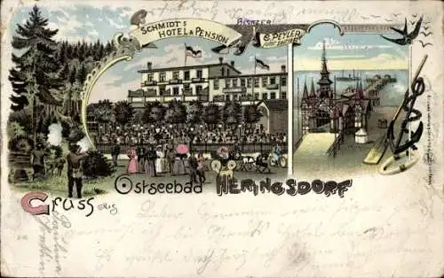 Litho Ostseebad Heringsdorf auf Usedom, Schmidts Hotel Pension, Seebrücke, Schwalbe