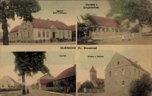 Ak Glienicke Rietz Neuendorf Brandenburg, Pfarrhaus, Gasthof, Kirche, Dorfstraße