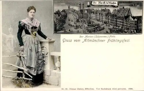 Passepartout Ak München, Altmünchner Frühlingsfest, Marienplatz, Schrannenplatz, Frau in Tracht