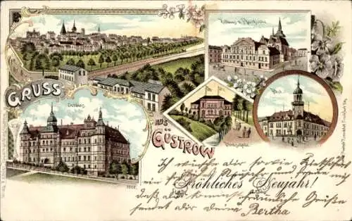 Litho Güstrow in Mecklenburg, Totale, Schloss, Rathaus, Pfarrkirche