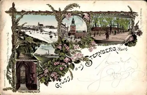 Litho Sternberg in Mecklenburg, Marktplatz, Lawn Tennis Platz, Fabrik, Winteransicht