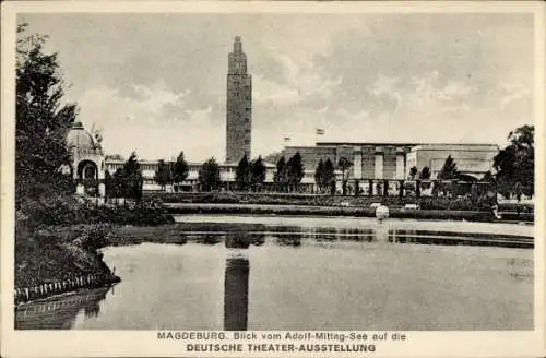 Ak Magdeburg an der Elbe, Blick vom Adolf Mittag See auf die Deutsche Theater Ausstellung