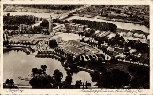 Ak Magdeburg an der Elbe, Ausstellungsgelände, Adolf Mittagsee, Flugaufnahme
