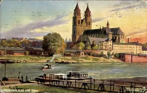 Künstler Ak Magdeburg, Partie am Elbufer, Stadtansicht, Dom, Tuck's Oilette 645 B