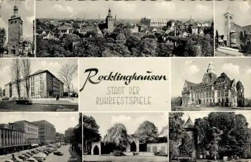 Ak Recklinghausen im Ruhrgebiet, Christuskirche, Stadthaus, Engelsburg, Ehrenmal, Rathaus, Markt