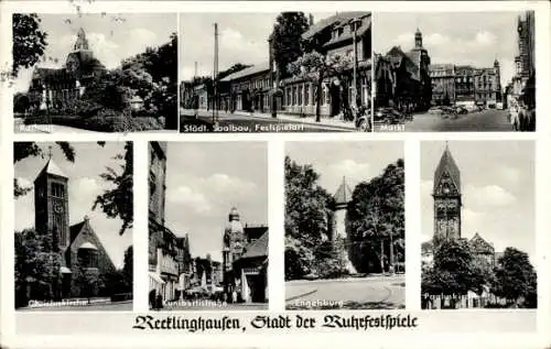 Ak Recklinghausen im Ruhrgebiet, Rathaus, Markt, Saalbau, Christuskirche, Engelsburg, Kunibertistr.