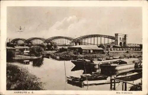 Ak Hamburg Harburg, Blick zur alten Elbbrücke, Boote