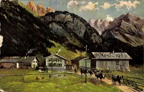 Künstler Ak Birgsau Oberstdorf, Teilansicht des Ortes, Kühe, Hühner, Berge