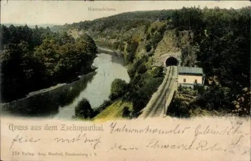 Ak Frankenberg im Zschopautal, Bahnstrecke am Harrasfelsen mit Kanalpartie