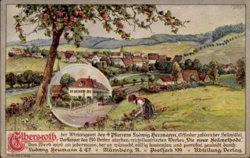 Litho Elbersroth Herrieden in Mittelfranken, Blick zum Ort, Mädchen pflückt Blumen