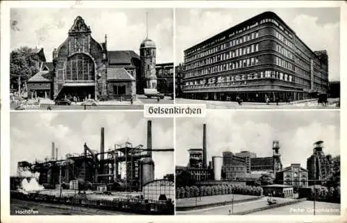 Ak Gelsenkirchen im Ruhrgebiet, Bahnhof, Hans Sachs Haus, Zeche Consolidation, Hochöfen