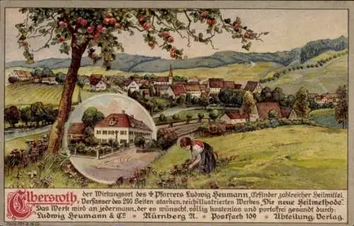 Litho Elbersroth Herrieden in Mittelfranken, Blick zum Ort, Mädchen pflückt Blumen