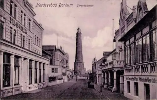 Ak Borkum, Blick in die Strandstrasse, Leuchtturm,Hotel