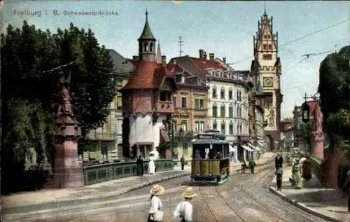 Ak Freiburg im Breisgau, Schwabentorbrücke, Straßenbahn Linie Waldsee